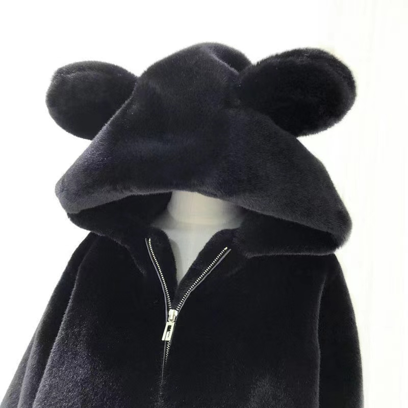 2023 new winter hooded loose cute bear ears thickened plush mid-length imitation fur coat for women