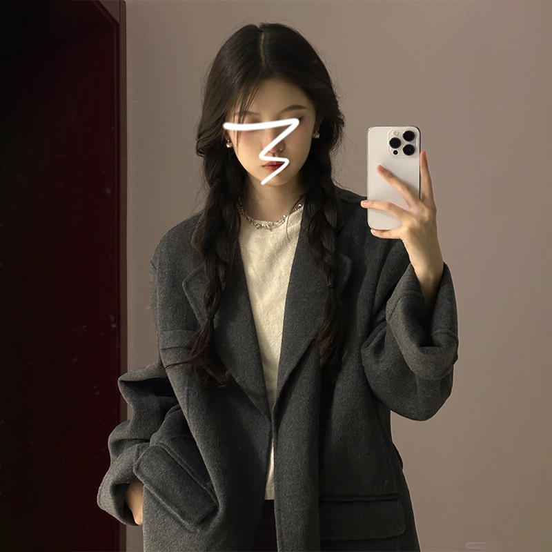 Suit woolen coat for women autumn and winter 2023 new small Korean style high-end gray short woolen coat