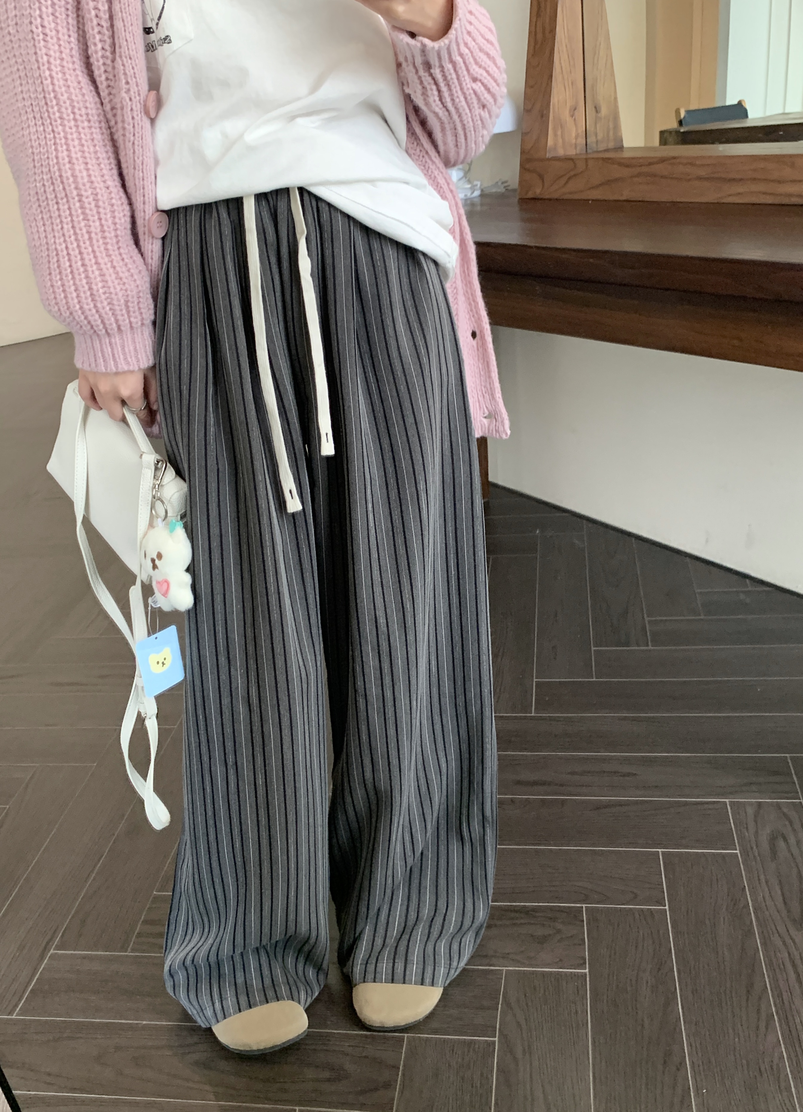 實拍 豎條抽繩休閒褲女秋冬韓系寬鬆休閒高腰直筒闊腿拖地褲