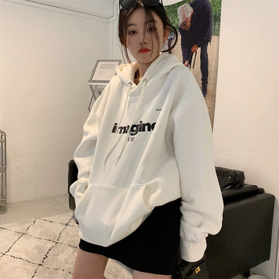 加絨連帽衛衣女裝春秋季2023新款寬鬆韓版oversize高街上衣潮ins