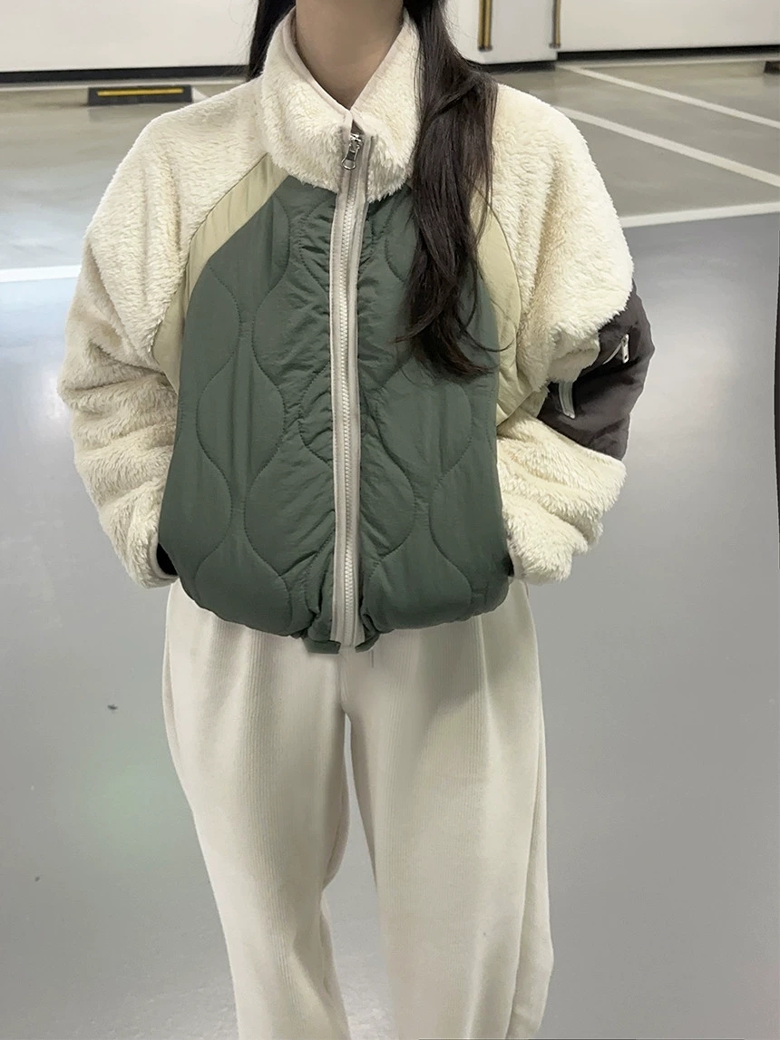 韓國chic復古高領拉鏈式兩面穿撞色寬鬆棉服夾克外套女