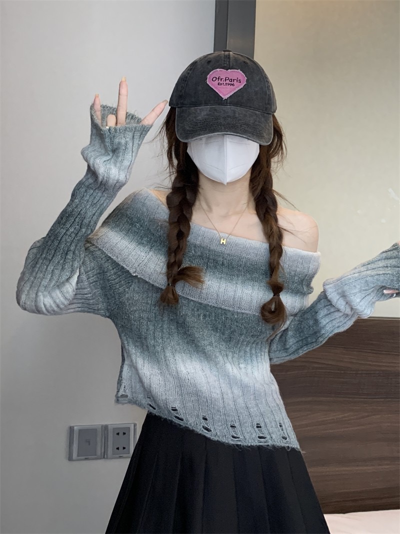 溫柔彩虹暈染辣妹一字肩不規則修身設計感鏤空內搭打底上衣女秋冬