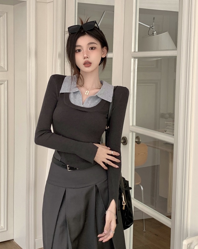 實拍修身顯瘦設計感翻領拼接撞色針織打底衫polo領內搭毛衣