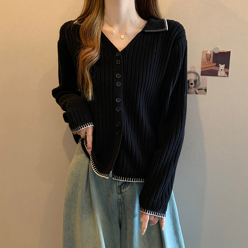 SUNNYDAND自製秋 「俏皮藝術生」貝殼線撞色開衫毛衣針織衫外套女