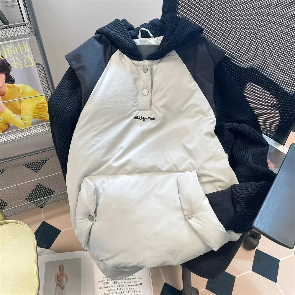 美式復古假兩件針織拼接棉服外套女冬季國潮oversize加厚連帽棉衣