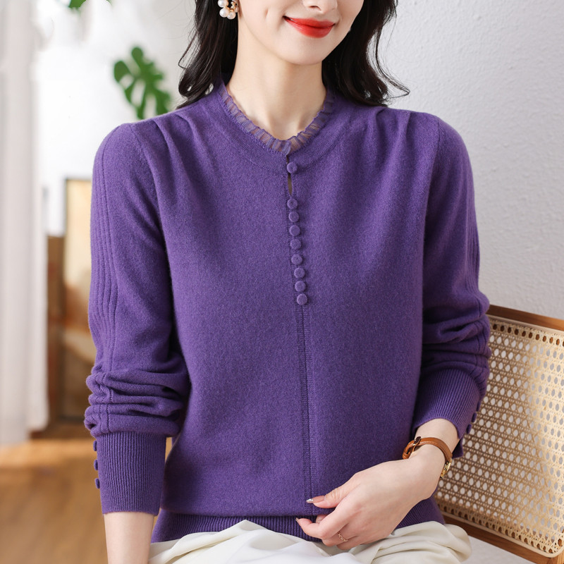 2023羊毛衫女秋冬寬鬆蕾絲針織衫上衣洋氣媽媽中領毛衣打底羊絨衫