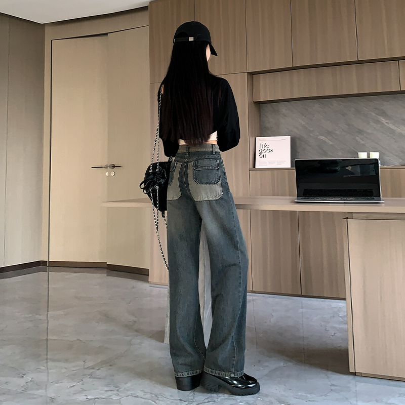 實拍2023秋季時尚高腰直筒闊腿寬鬆復古牛仔褲女