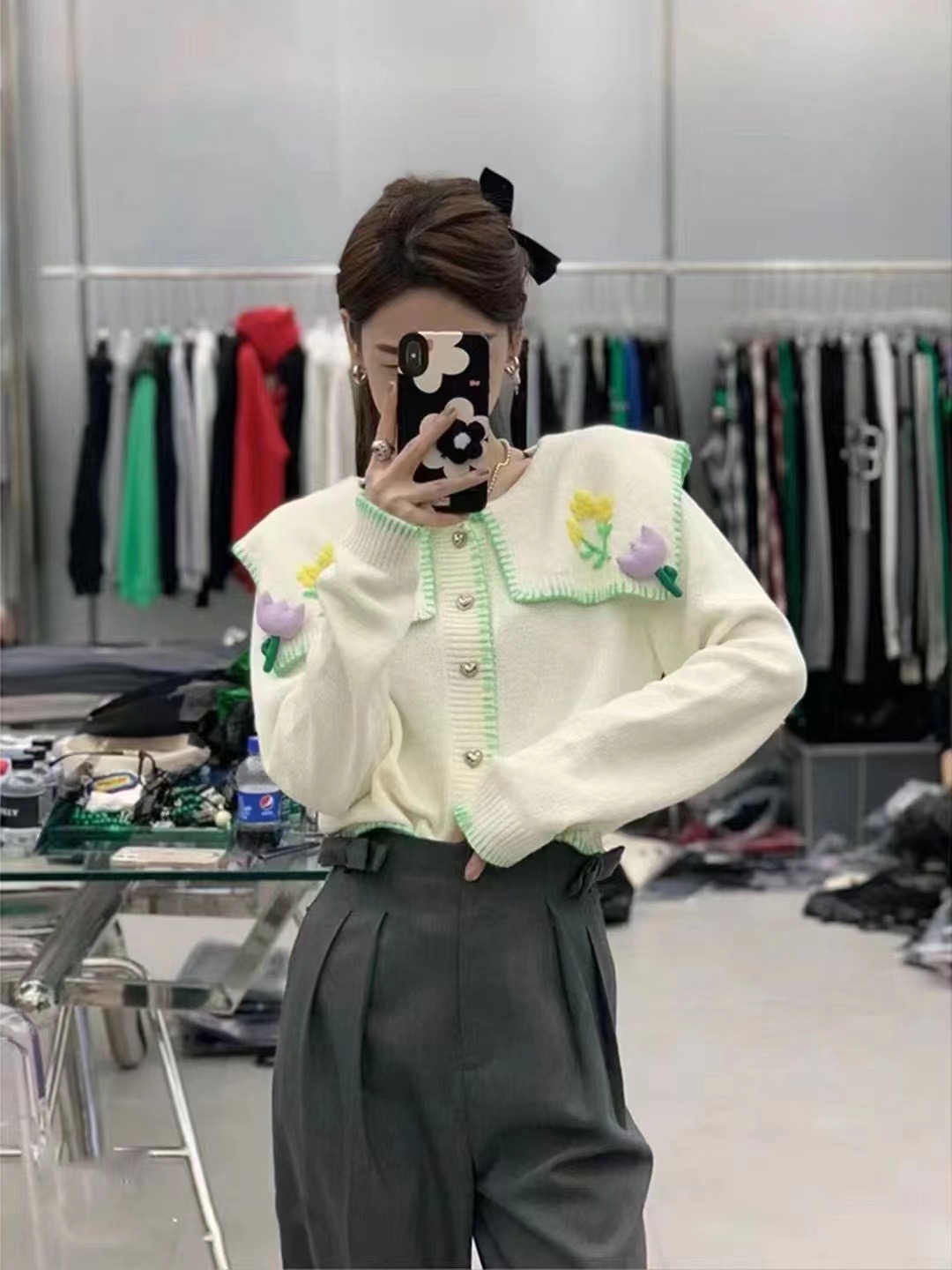 韓系甜美重工娃娃領立體小花毛衣女秋季設計感刺繡針織開衫上衣潮