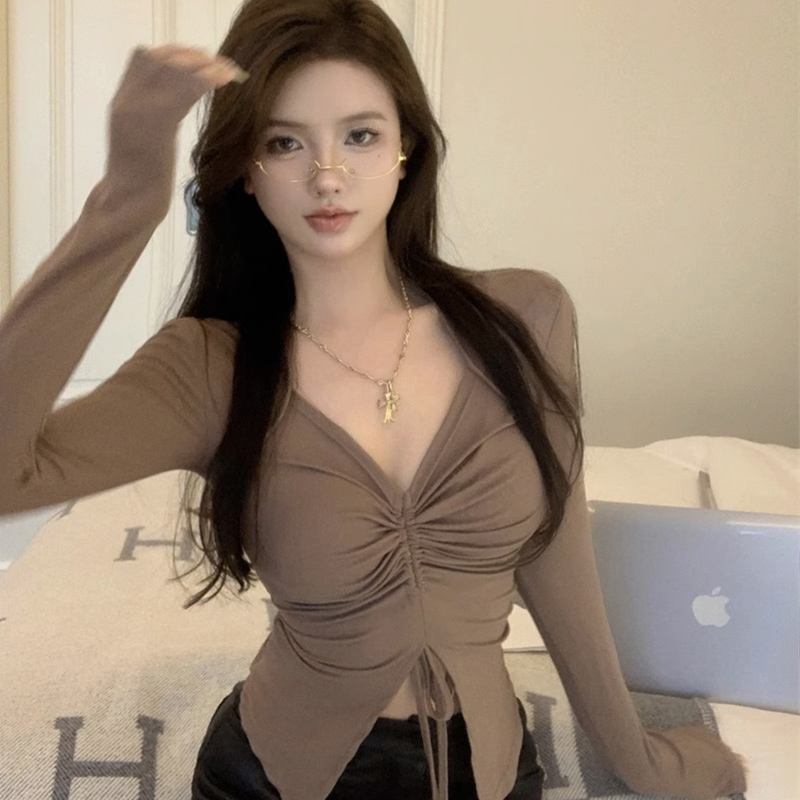 辣妹v領長袖T恤女秋性感抽繩設計感收腰顯瘦褶皺上衣