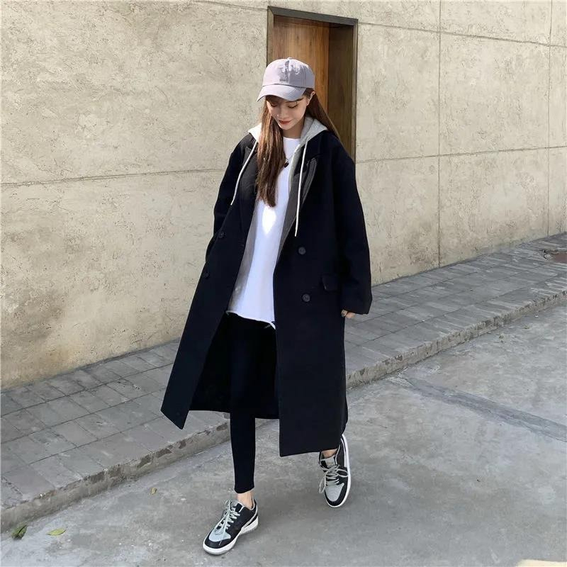 Fake two-piece woolen coat 2023 winter Korean style loose mid-length spliced ​​hooded thickened woolen coat for women