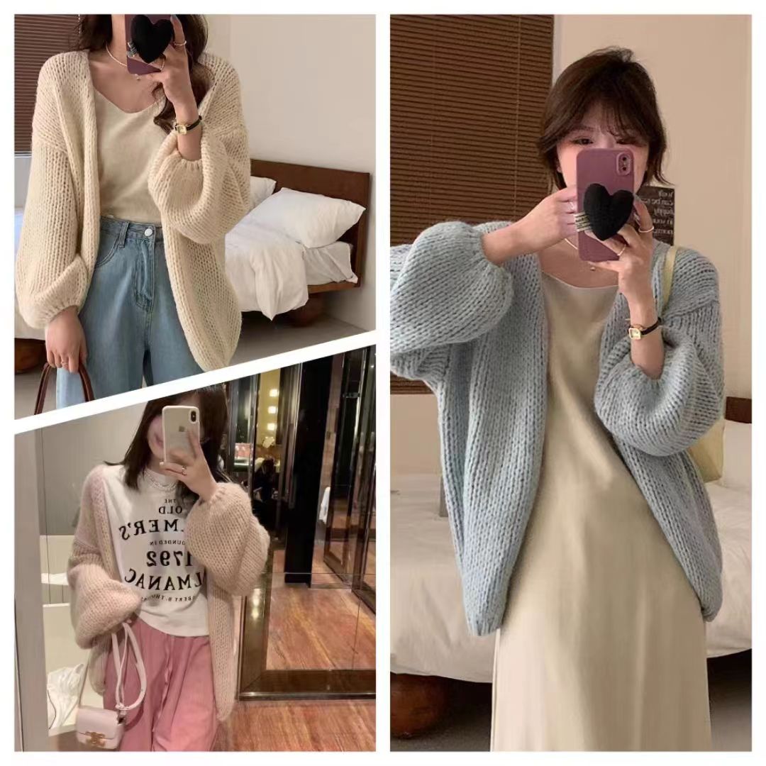 Lazy style knitted cardigan jacket for women 2023 spring and autumn new Korean style gentle and loose hollow sweater blouse