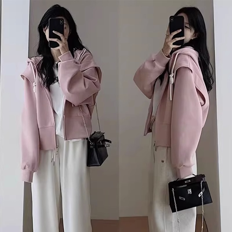 美式連帽衛衣女春秋2023新款粉色oversize外套秋冬韓系慵懶風