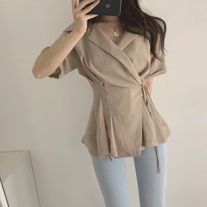 韓版一片式系帶收腰顯瘦襯衫百搭上衣女