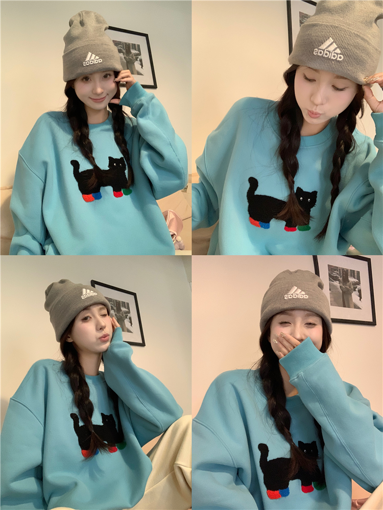 實拍~加絨加厚小貓刺繡衛衣秋冬美式慵懶風疊穿圓領套頭上衣