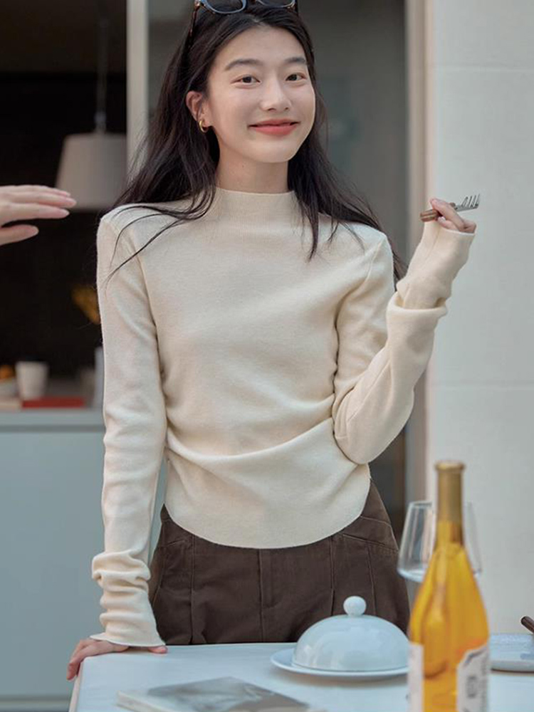 洋氣褶皺不規則毛衣女長袖半高領2023年秋冬短款修身打底針織毛衫