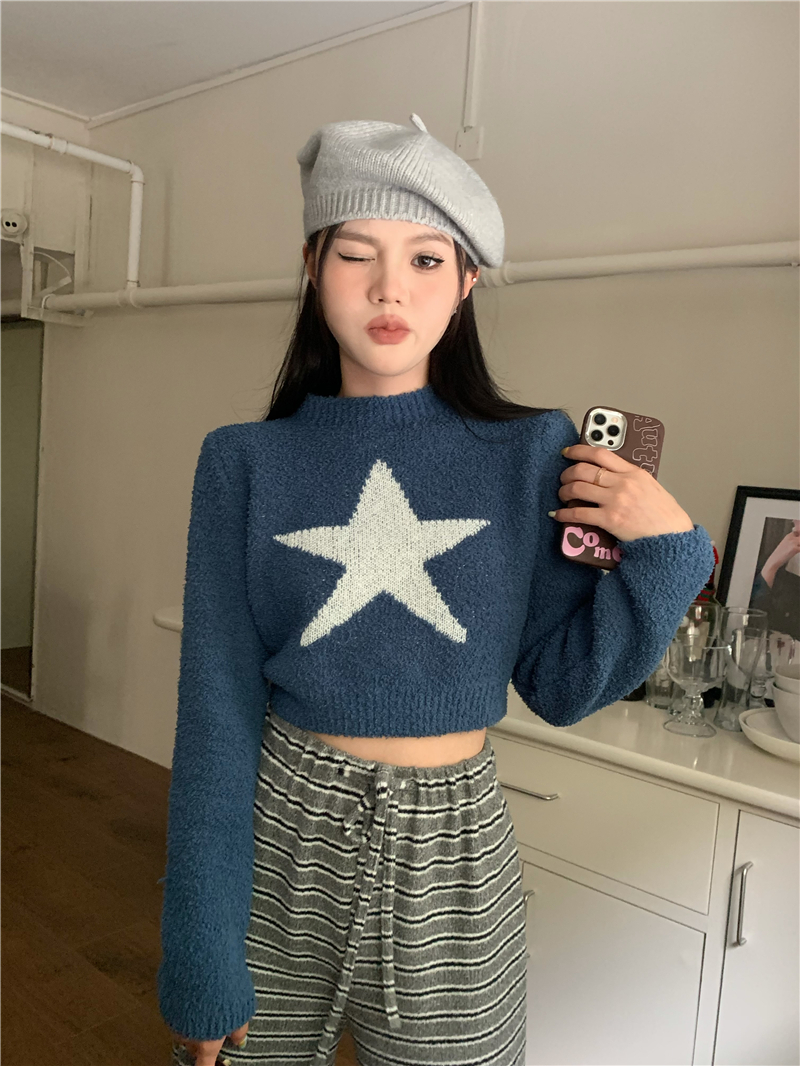實拍 軟糯毛巾絨星星高腰短款毛衣