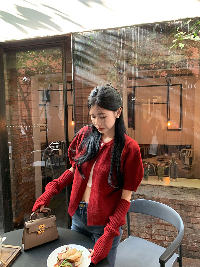 實拍 軟糯水貂絨毛衣女秋冬2023新款外穿配袖套短款外套