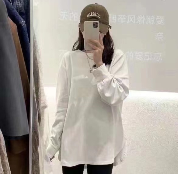 韓國寬鬆大版休閒圓弧下擺打底衫襯衫袖口百搭寬鬆T恤