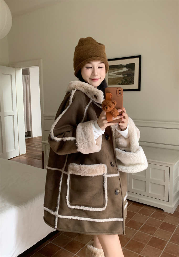 Actual shot of autumn and winter velvet hooded large pocket splicing loose deerskin velvet warm jacket