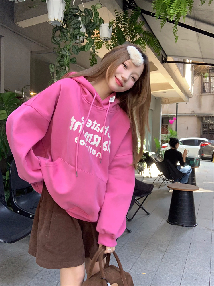 實拍！百搭衛衣套頭字母印花女連帽長袖加絨加厚上衣