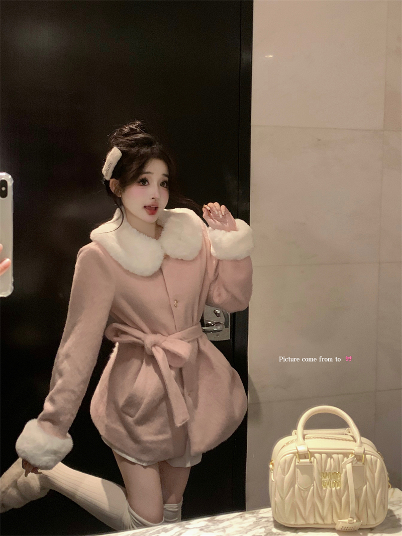 Real shot~Light pink woolen fur collar women's new autumn and winter waist blazer mid-length coat