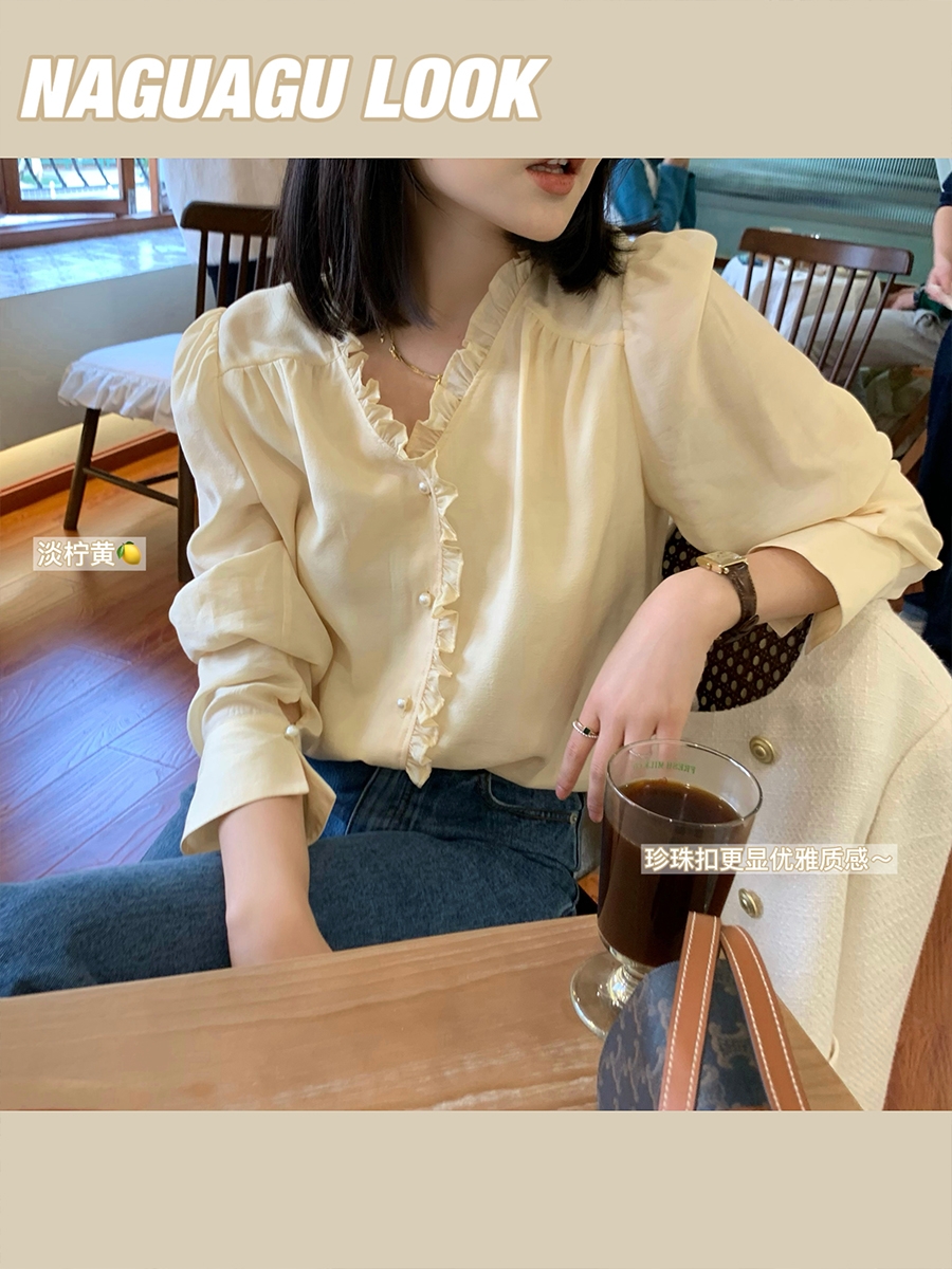 南瓜谷 空氣醋酸襯衫~早秋新款長袖V領設計感小眾別致襯衣女C0614