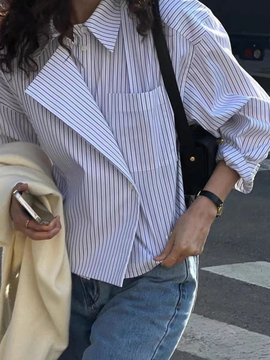 chic法式復古翻領條紋襯衫女秋季設計感小眾口袋寬鬆百搭長袖上衣