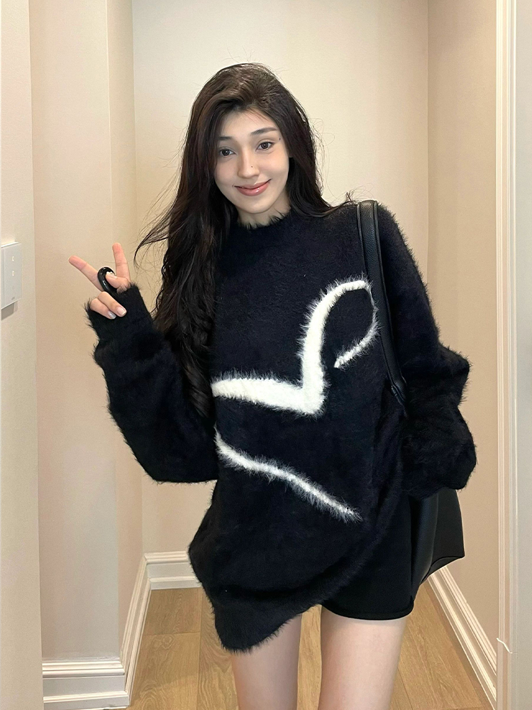 美式復古設計感撞色馬海毛毛衣女秋冬寬鬆oversize下衣失蹤上衣