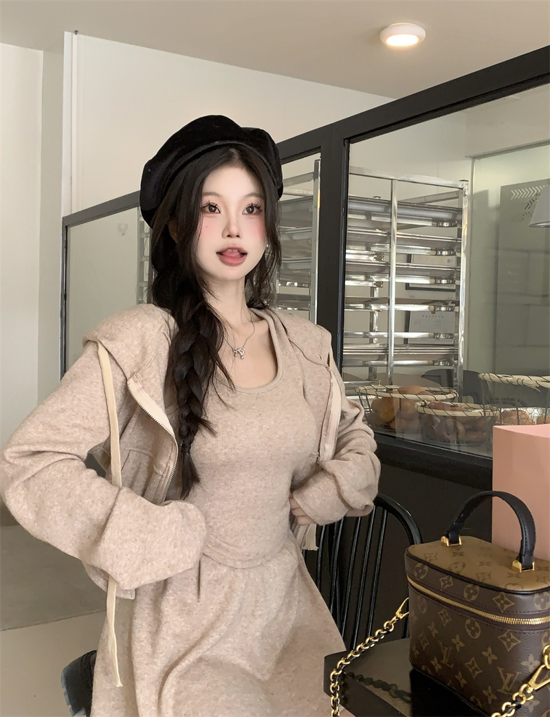 實拍 新款高克重羊絨連帽拉鏈女心機吊帶背心高腰裙褲三件套