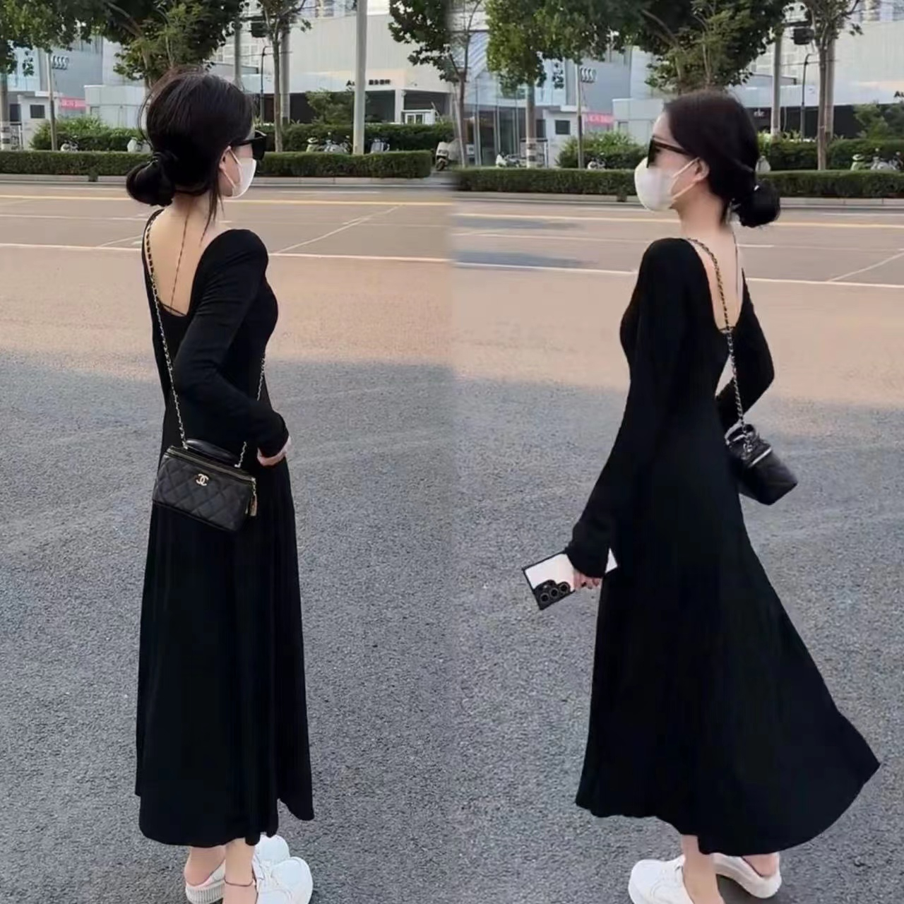 春秋氣質U領露背性感連衣裙女韓版高腰修身大裙擺長袖長裙女