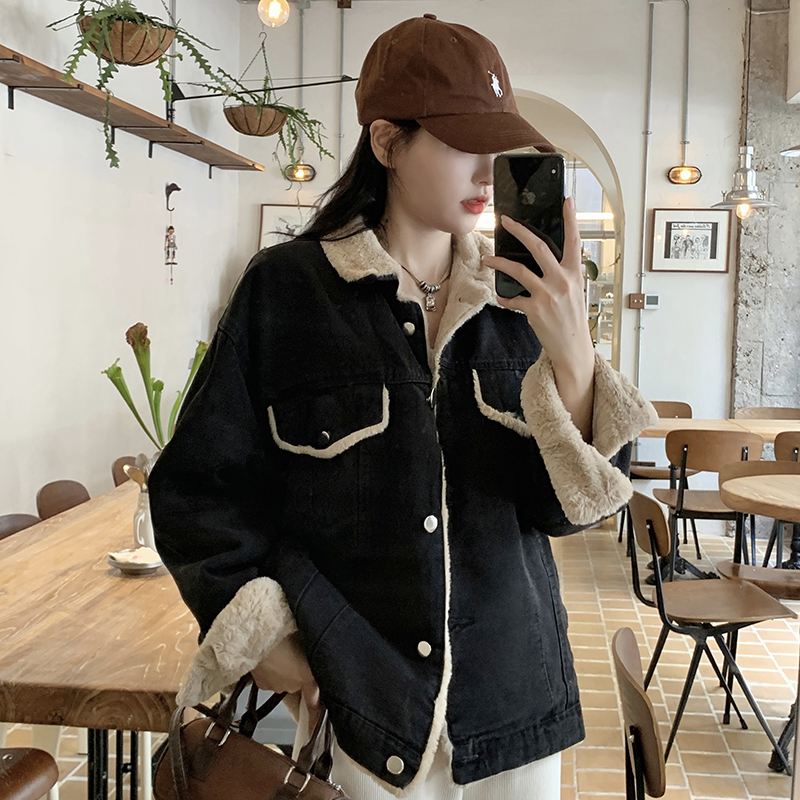 實拍！冬季新款加絨牛仔外套女冬加厚韓版寬鬆休閒黑色棉服潮