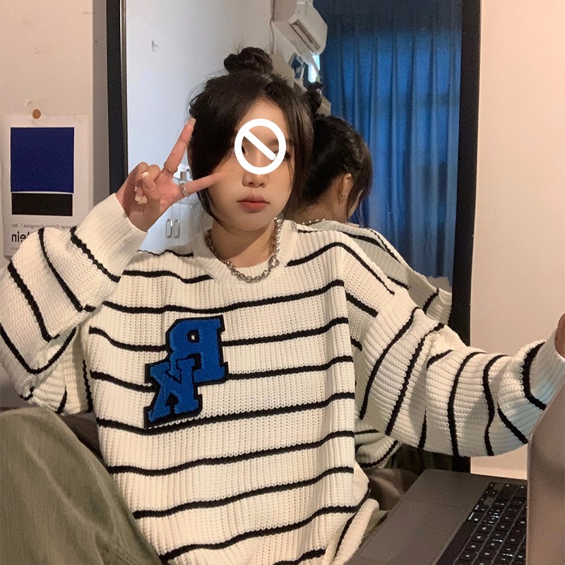Lazy style sweater for women spring and autumn 2023 new retro Japanese striped letter loose pullover long-sleeved top