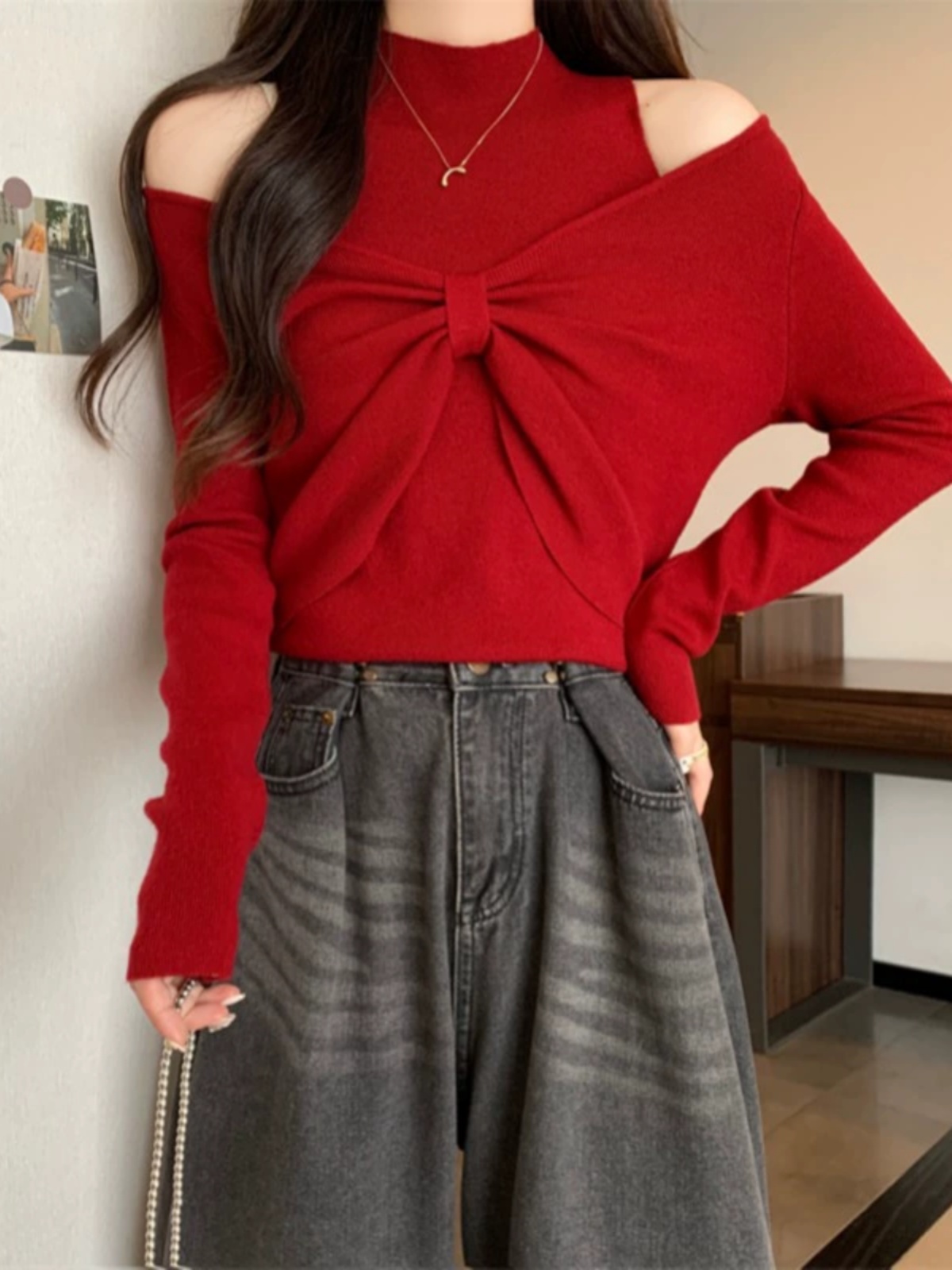 甜辣露肩針織衫背心設計感兩件套大碼胖妹妹網紅氣質減齡顯瘦上衣