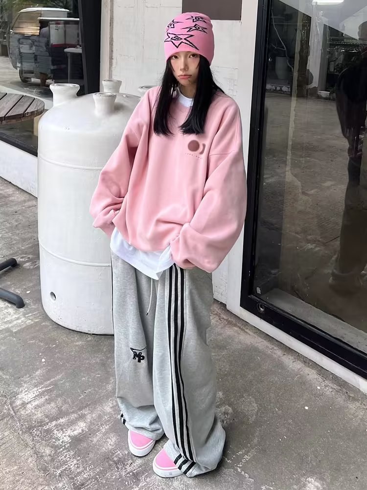 美式復古灰色運動褲女春秋款條紋拼接休閒長褲直筒高腰闊腿褲垂感