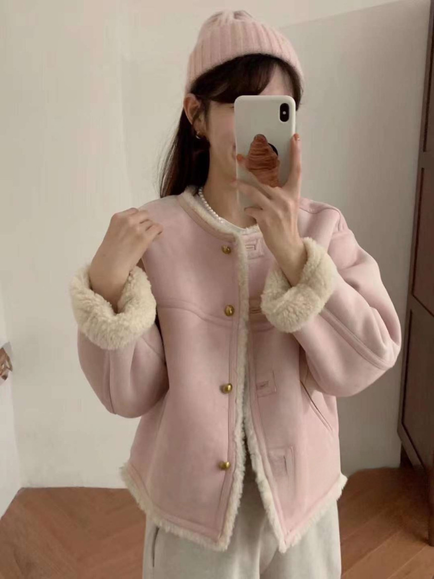 INS Korea Dongdaemun!  Pink age-reducing fur all-in-one lamb wool long-sleeved cotton coat for women in autumn and winter