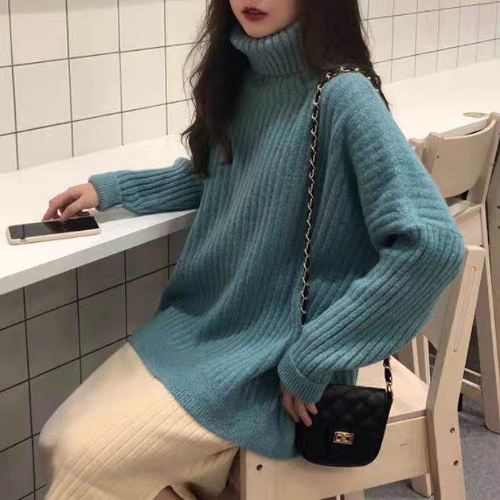 寬鬆慵懶風網紅洋氣高領套頭毛衣女秋冬百搭顯瘦休閒長袖針織上衣