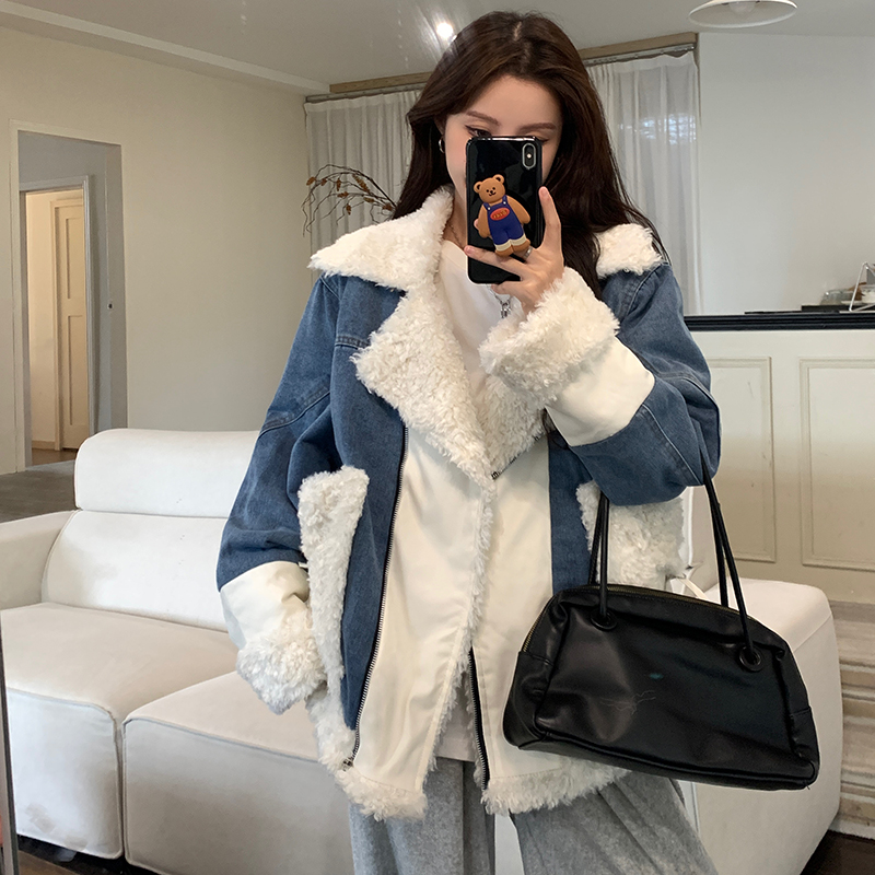 實拍！羊羔毛絨棉衣棉服秋冬設計小個子加厚牛仔外套ins港風