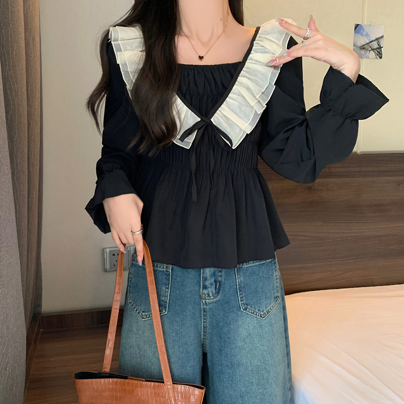 實拍~大碼女裝法式荷葉邊長袖襯衫女秋冬季遮肚顯瘦小衫上衣新款
