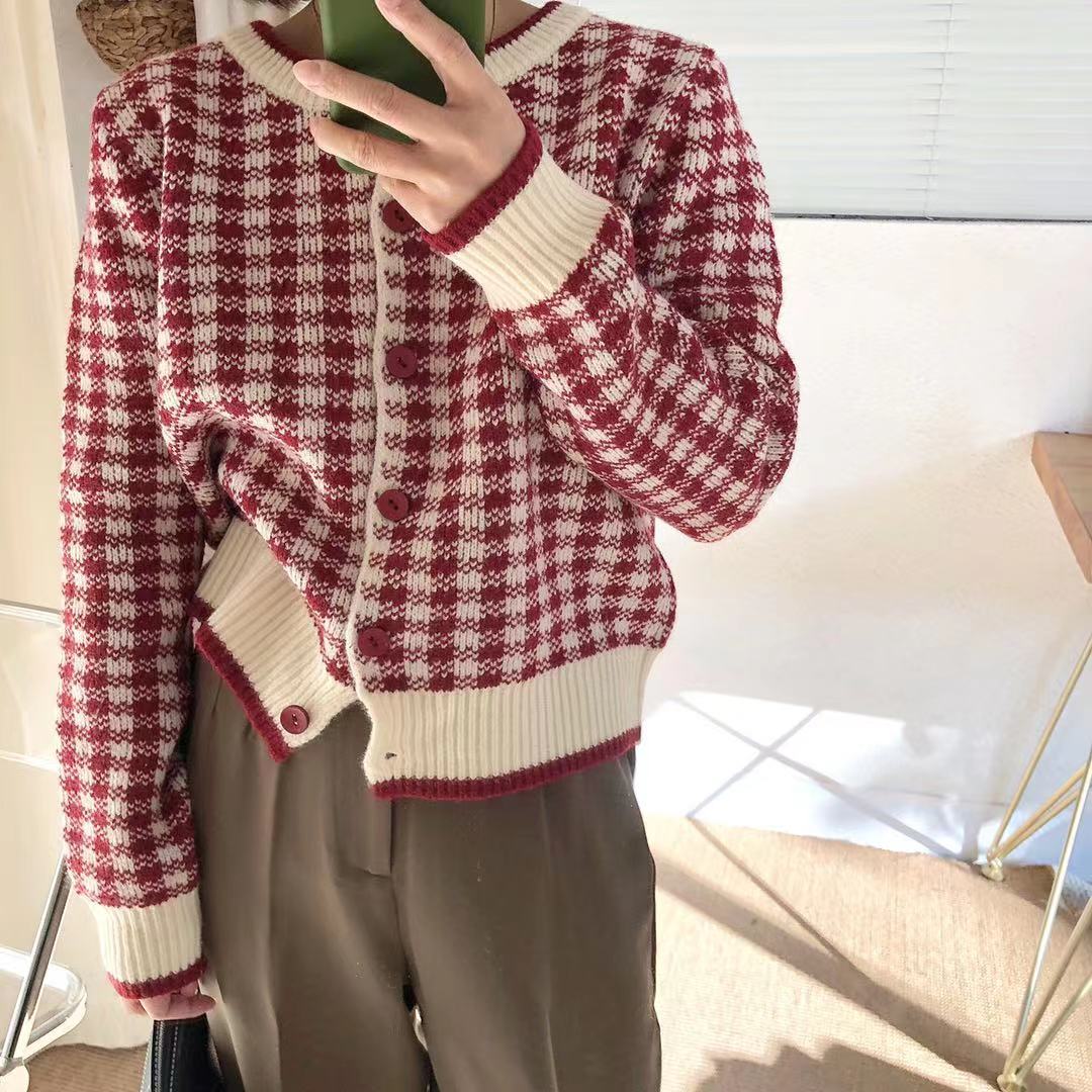 韓國chic早春復古簡約撞色圓領格紋針織開衫單排扣長袖毛衣外套女