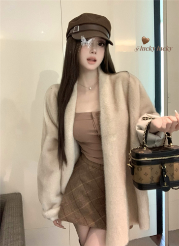 Excellent texture mink fur all-in-one winter fur eco-friendly fur coat for women + plaid skirt skirt suit