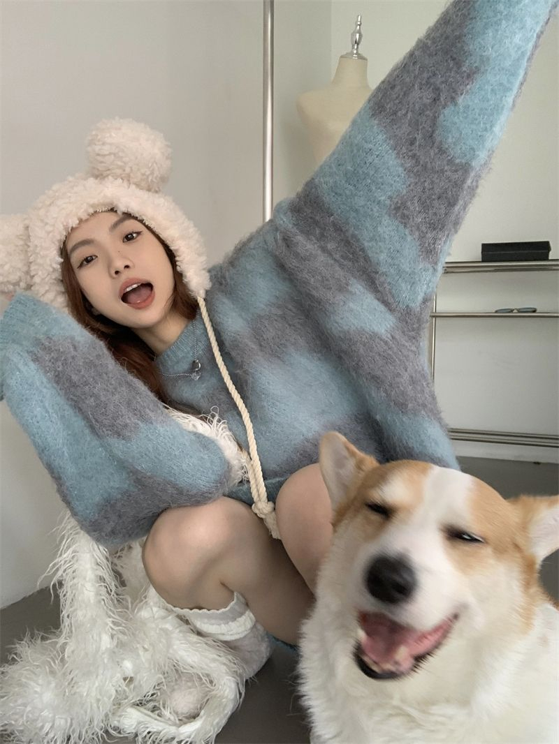 950#撞色毛衣女學生秋冬新款寬鬆慵懶風加厚圓領針織衫上衣