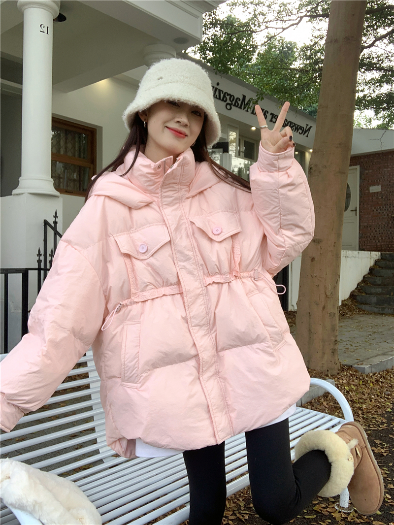 Actual shot of winter hooded waist-cinching down-padded jacket for women, mid-length thickened loose cotton-padded jacket trendy