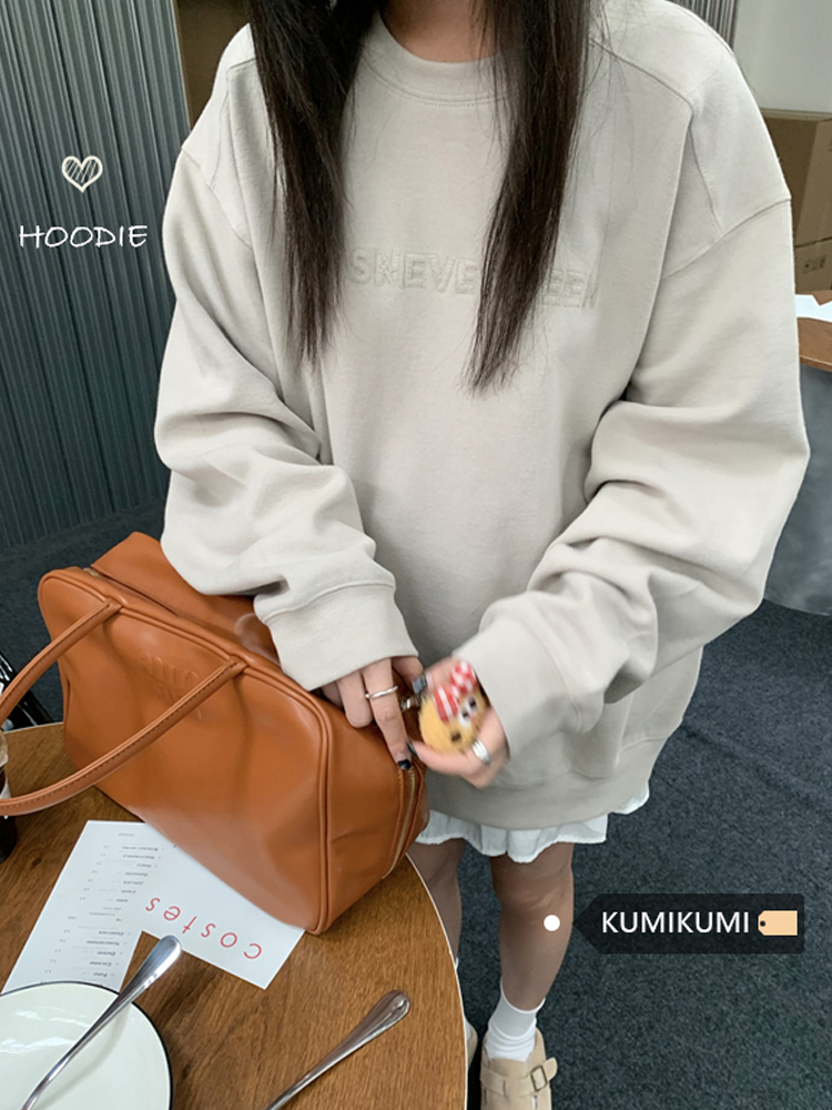 kumikumi簡約休閒字母印花長袖套頭衛衣女裝早秋寬鬆顯瘦百搭上衣