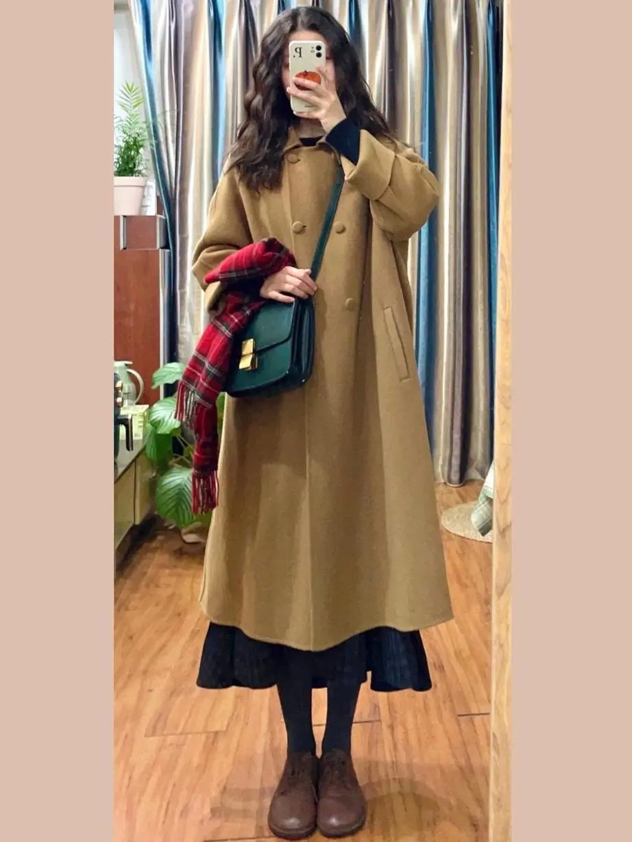 Woolen coat women's mid-length 2023 autumn and winter new Korean style small temperament retro Hepburn style woolen coat
