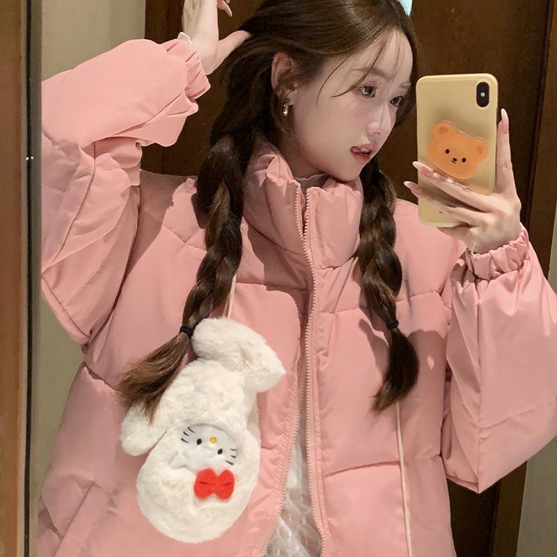 Real shot!  Solid color cotton coat women's winter new all-match bread coat loose black thickened coat trendy