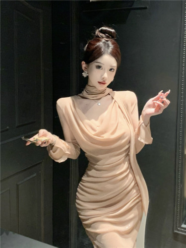 Photographed Shiny Bow Tied Strap Swing Collar Bell Sleeve Cinched Waist Pleated Mid-Length Slimming Dress