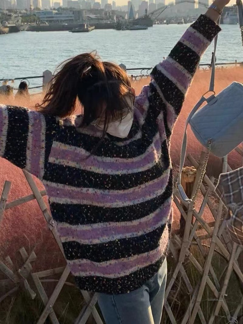 加厚版！慵懶風彩點撞色條紋毛衣女秋冬新款寬鬆長袖針織衫上衣潮