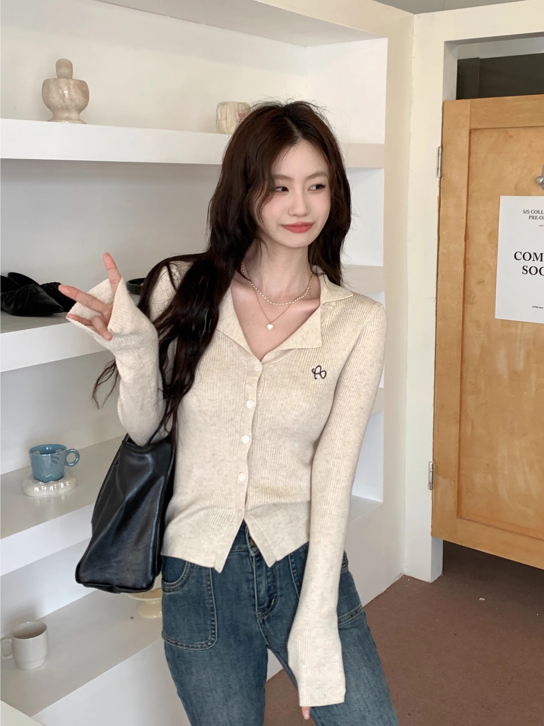 GAZ線上商店新款polo翻領顯瘦針織開衫內搭秋冬打底衫女長袖毛衣