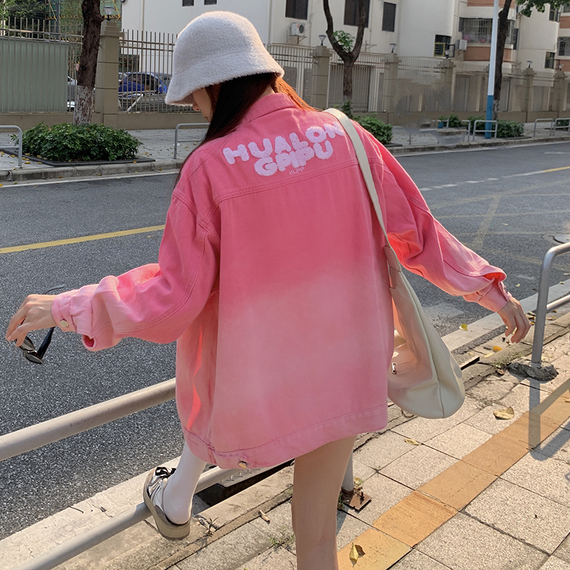 實拍！甜酷風漸變牛仔外套女春秋休閒高街小眾慵懶風chic潮牌