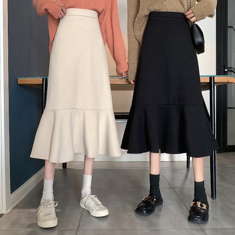 新款黑色燈芯絨魚尾裙半身裙女